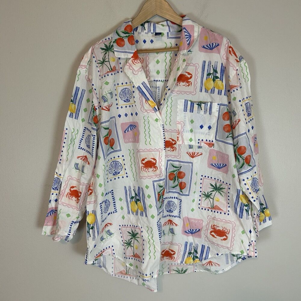 Old Navy XXL Shirt Pajama Top Vacation Crab Shell Nautical Fruit Europe